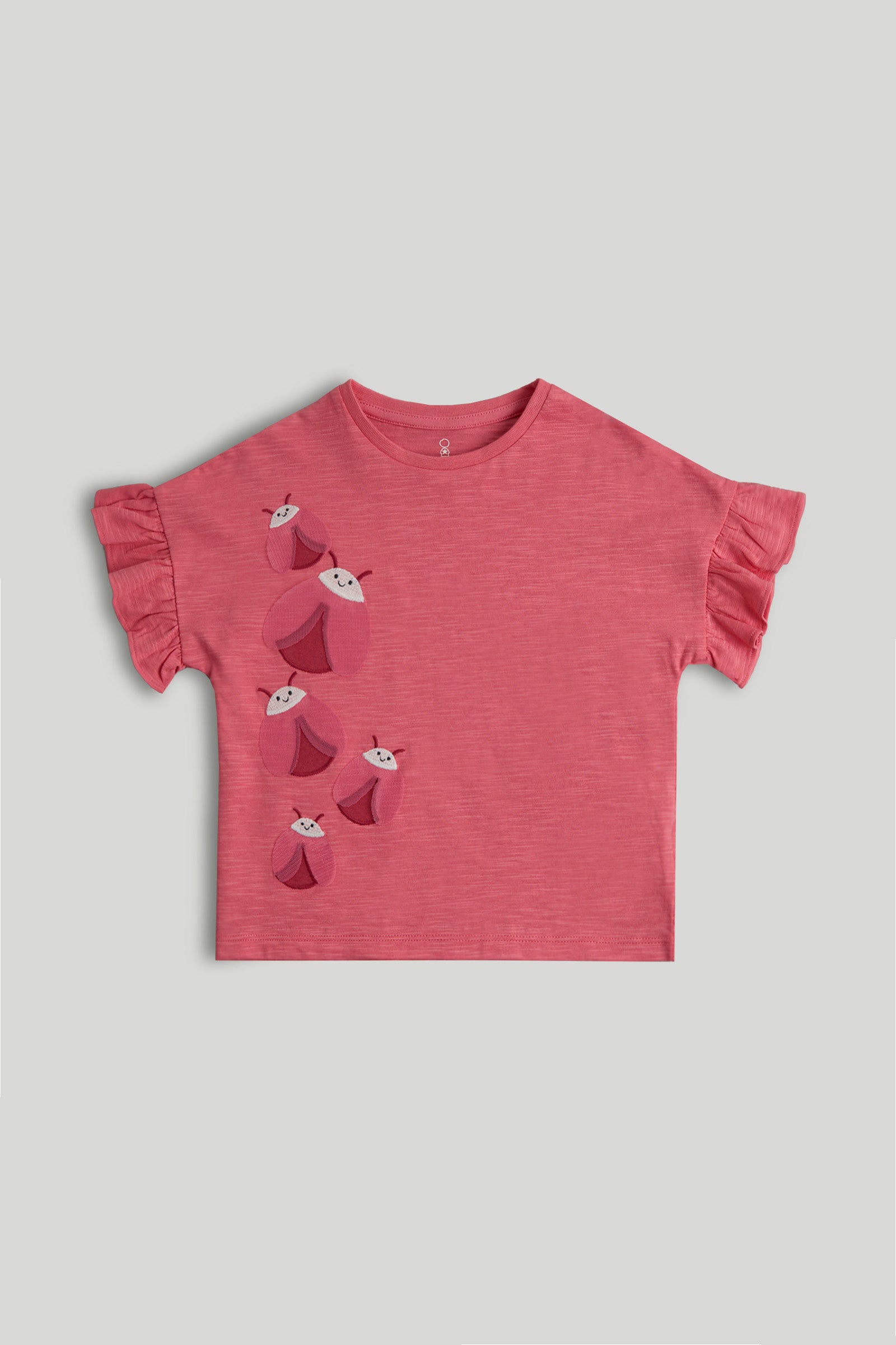 Girls Pink Cotton Applique Frill Regular Fit T-Shirt