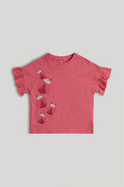 Girls Pink Cotton Applique Frill Regular Fit T-Shirt