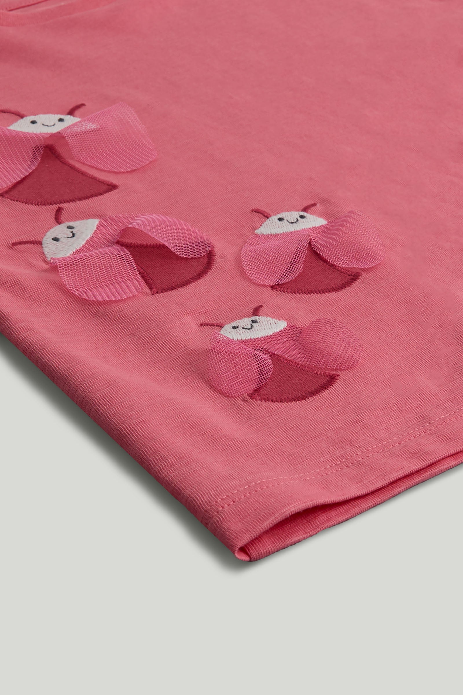 Girls Pink Cotton Applique Frill Regular Fit T-Shirt