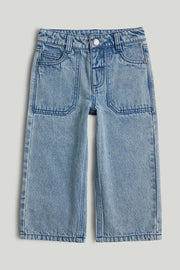 Girls Blue Cotton Wide Leg Jeans