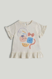 Girls White Cotton Peplum Placemat Print Regular Fit T-Shirt