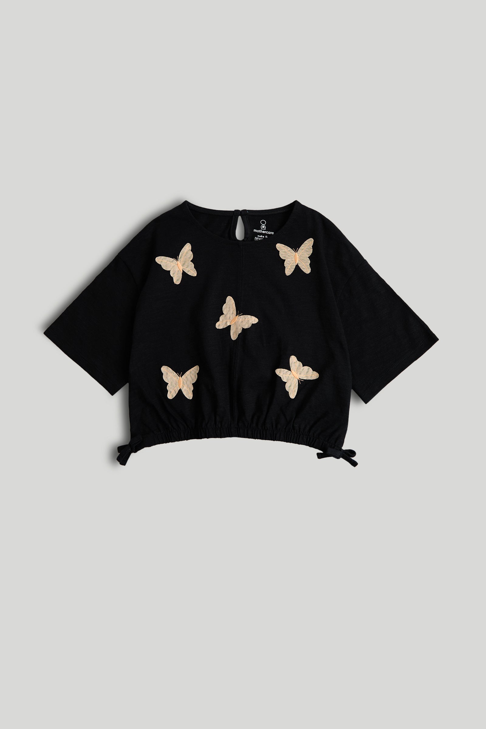 Girls 3D Butterfly Print Cotton T-Shirt in Black