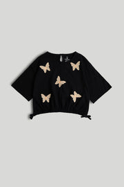 Girls 3D Butterfly Print Cotton T-Shirt in Black
