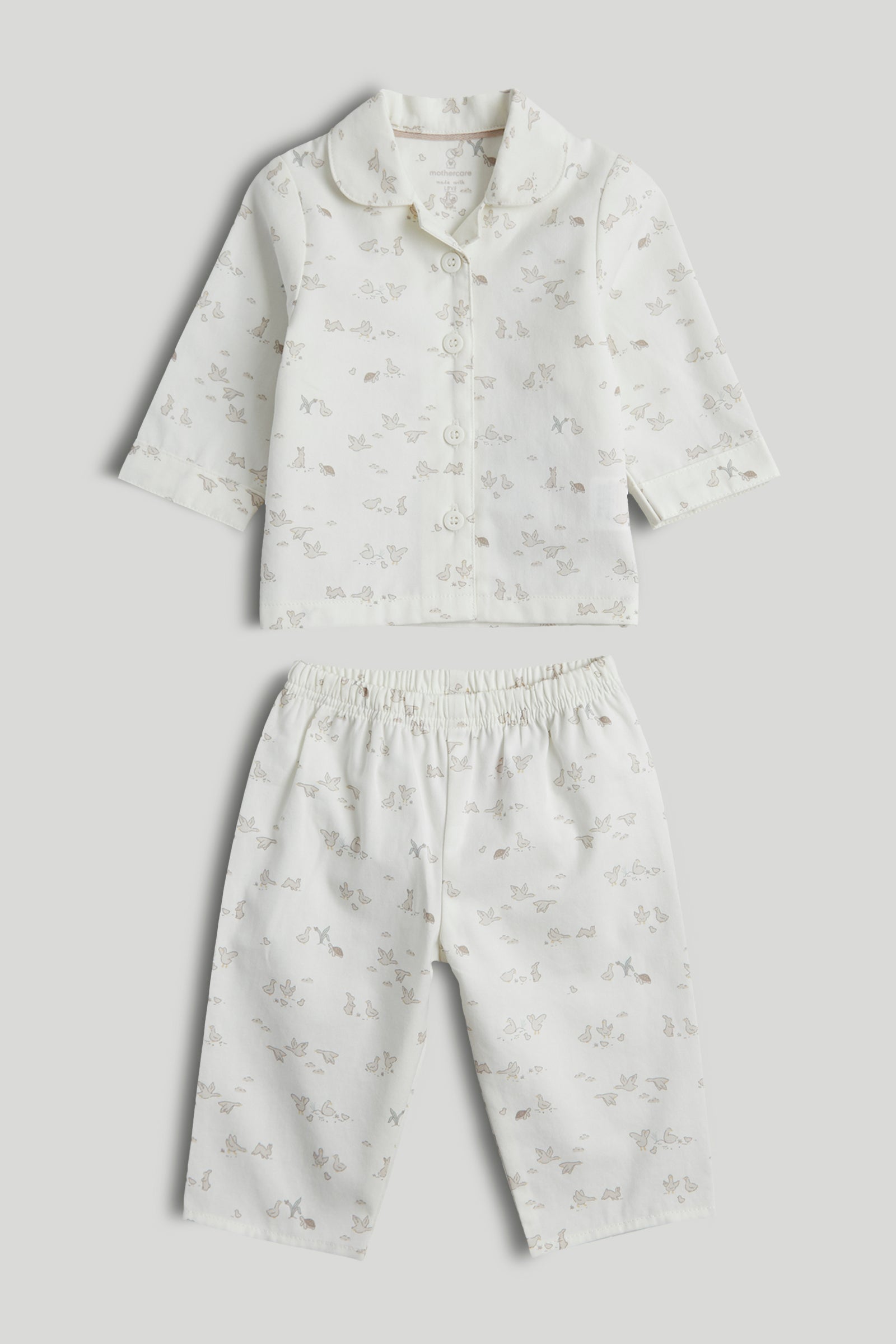 Kids White Printed Cotton Woven Regular Fit Long Sleeve Pyjama Set