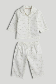 Kids White Printed Cotton Woven Regular Fit Long Sleeve Pyjama Set