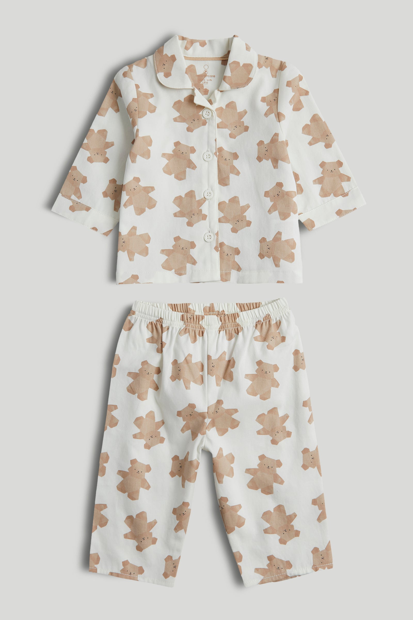 Kids White Origami Bear Print Cotton Woven Regular Fit Long Sleeve Pyjama Set