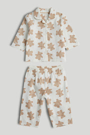 Kids White Origami Bear Print Cotton Woven Regular Fit Long Sleeve Pyjama Set