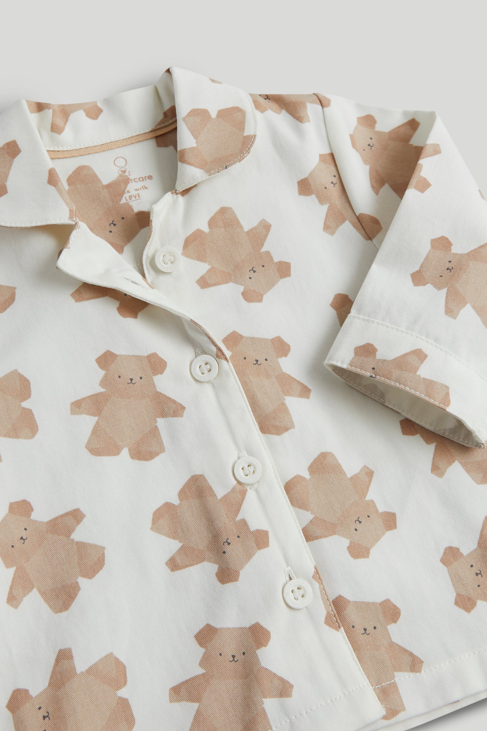 Kids White Origami Bear Print Cotton Woven Regular Fit Long Sleeve Pyjama Set