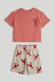 Boys Orange Printed T-Shirt & AOP Shorts Cotton Blend Set