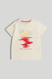 Boys White Sunrise Print Cotton Regular Fit Casual T-Shirt