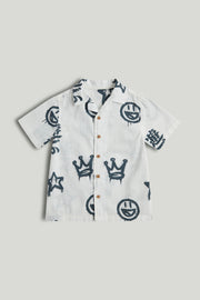 Boys White Cotton Printed AOP Shirt
