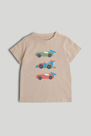 Boys Brown Racing Car Print Cotton Regular Fit Casual T-Shirt