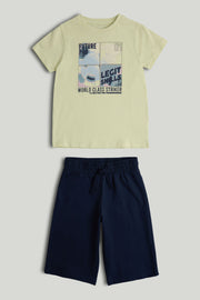 Boys Green Football Cotton Tee & Shorts Set