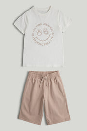 Boys Light Brown Cotton Tee & Shorts Set