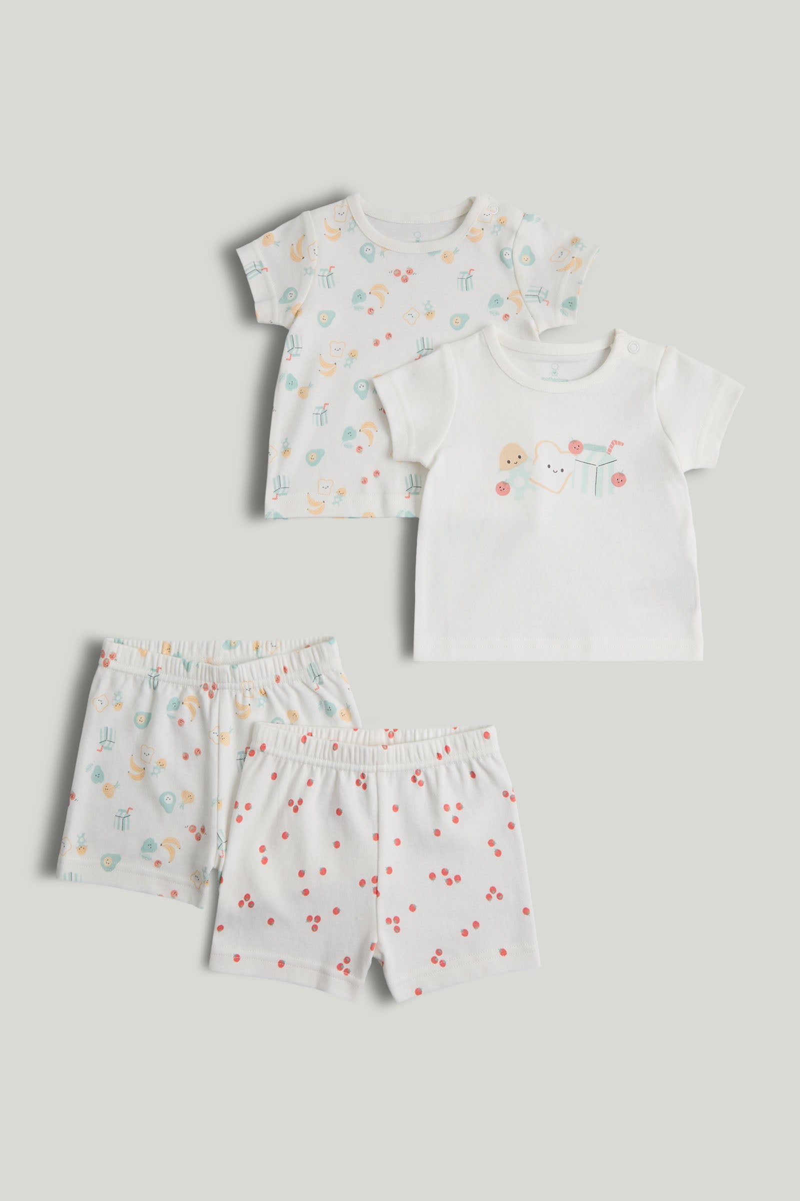 Kids White Breakfast Friends Print Cotton Regular Fit 2-Pack Shortie Pyjama Set