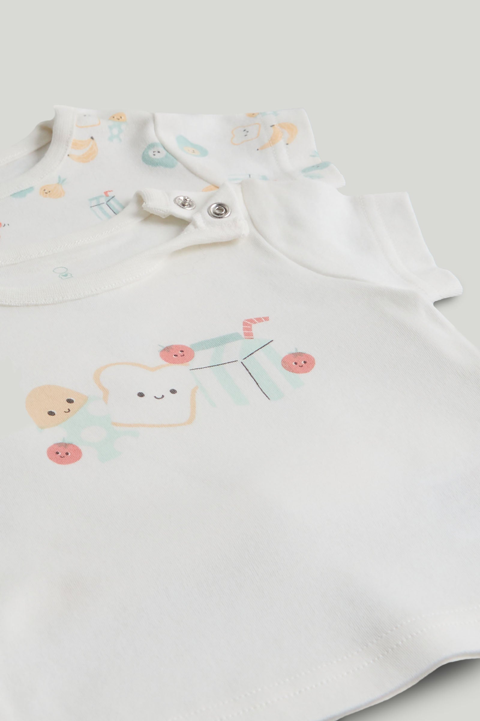 Kids White Breakfast Friends Print Cotton Regular Fit 2-Pack Shortie Pyjama Set