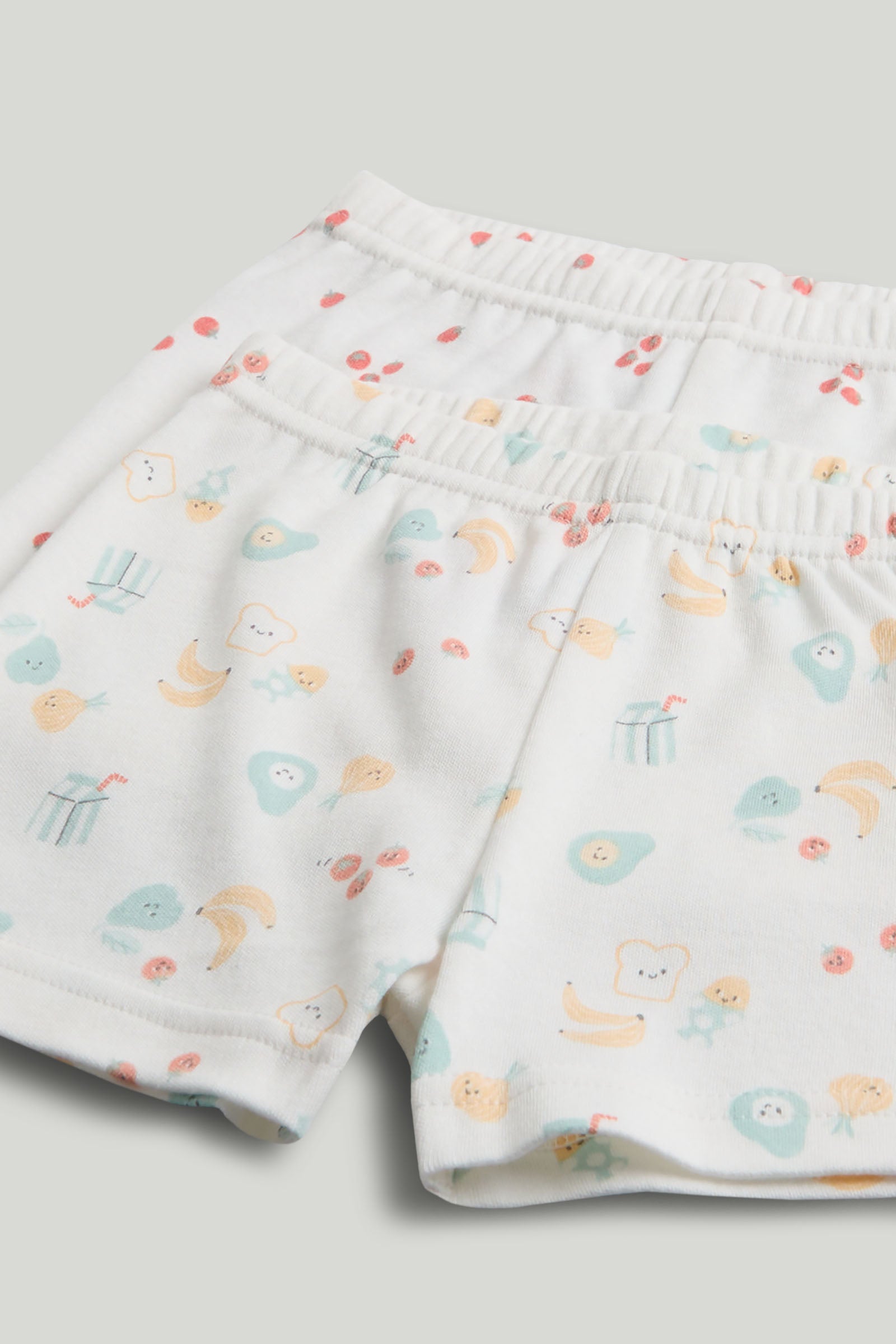 Kids White Breakfast Friends Print Cotton Regular Fit 2-Pack Shortie Pyjama Set