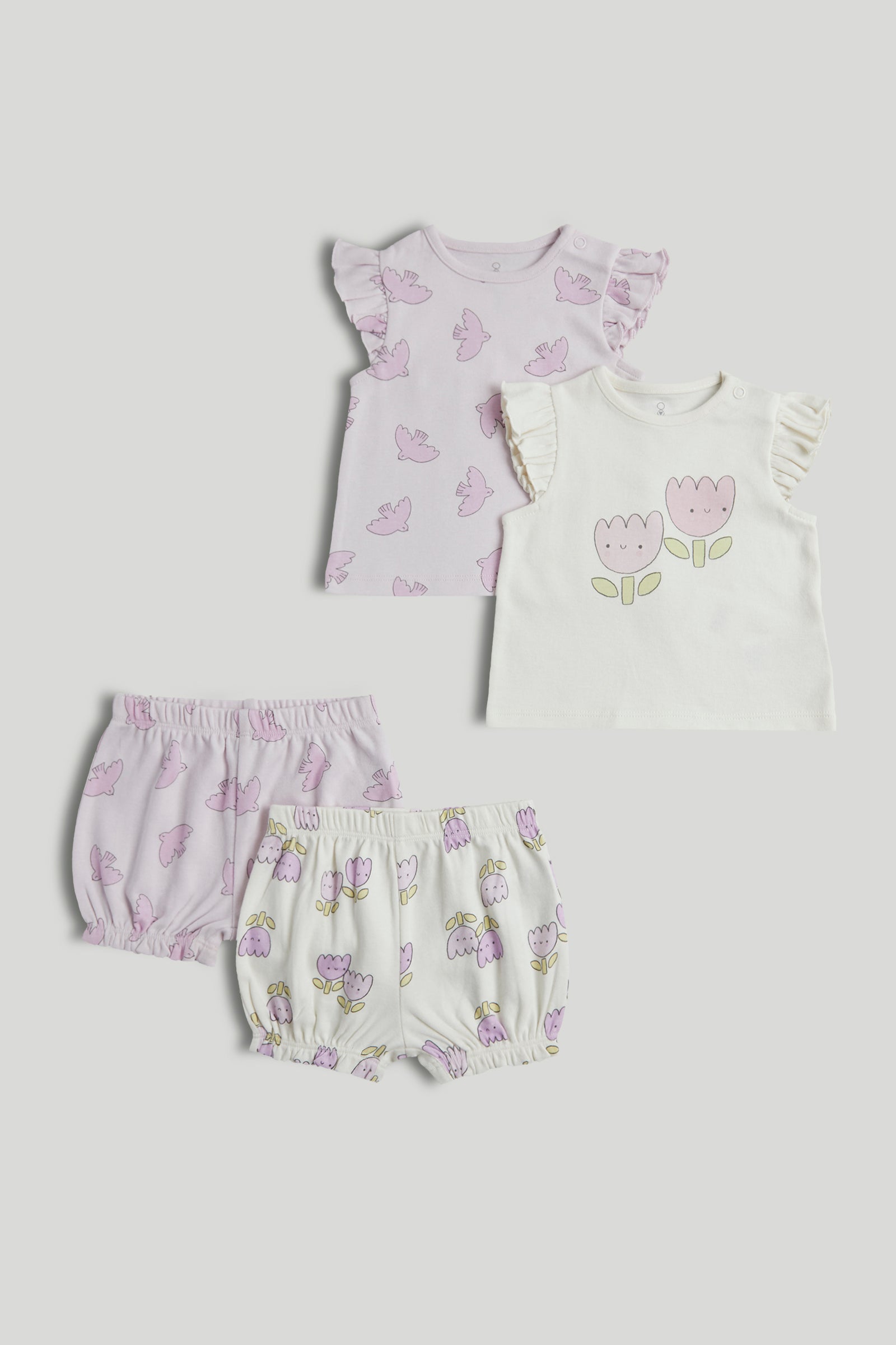 Girls Light Purple Cute Icons Print Cotton Regular Fit 2-Pack Shortie Pyjama Set
