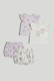 Girls Light Purple Cute Icons Print Cotton Regular Fit 2-Pack Shortie Pyjama Set