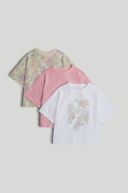 Girls Multi Cotton Frill Sleeve T-Shirts Pack of 3