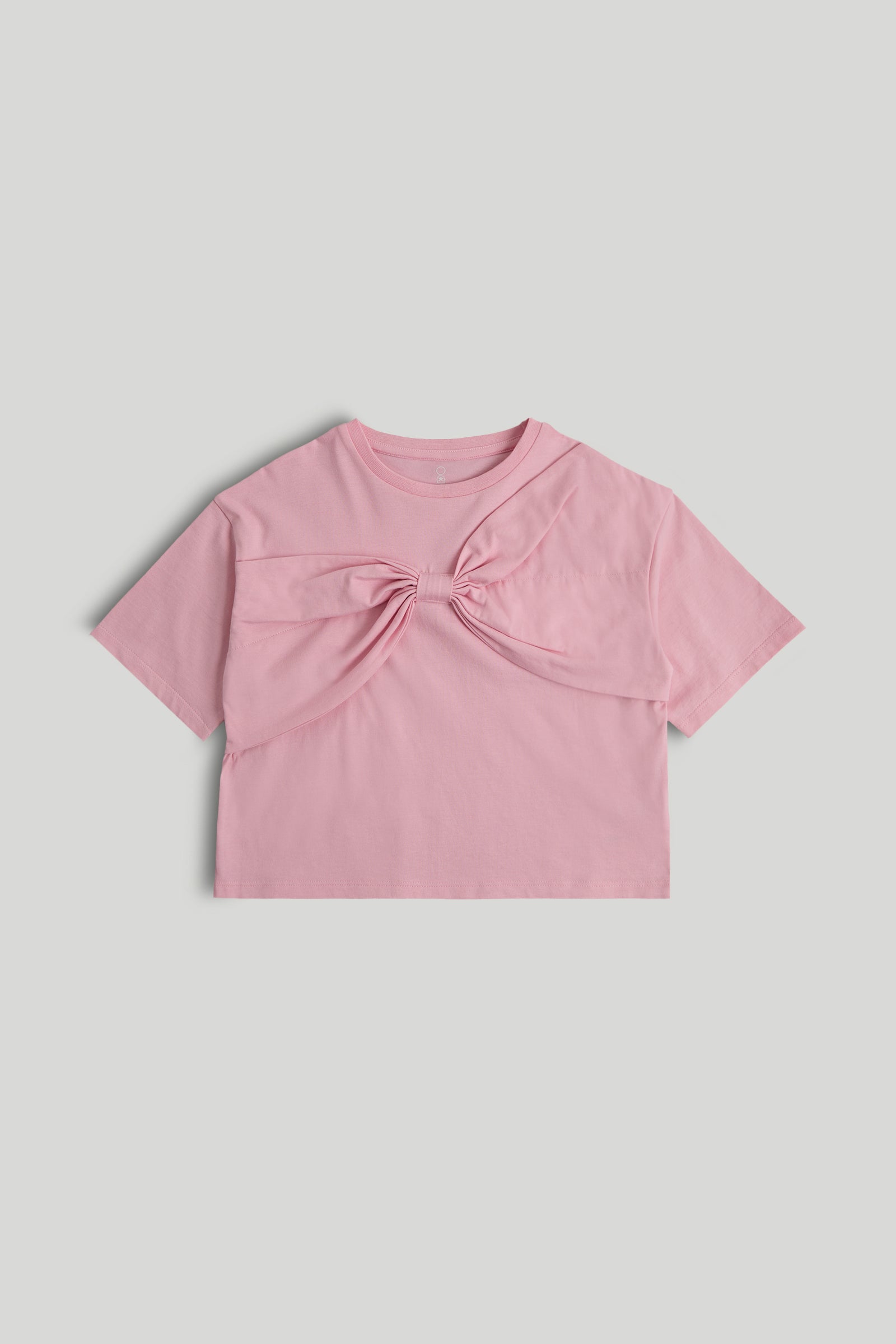 Girls Light Pink Cotton Boxy Bow T-Shirt