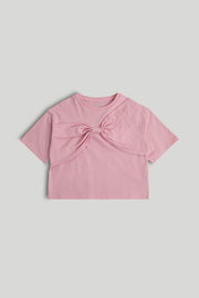 Girls Light Pink Cotton Boxy Bow T-Shirt