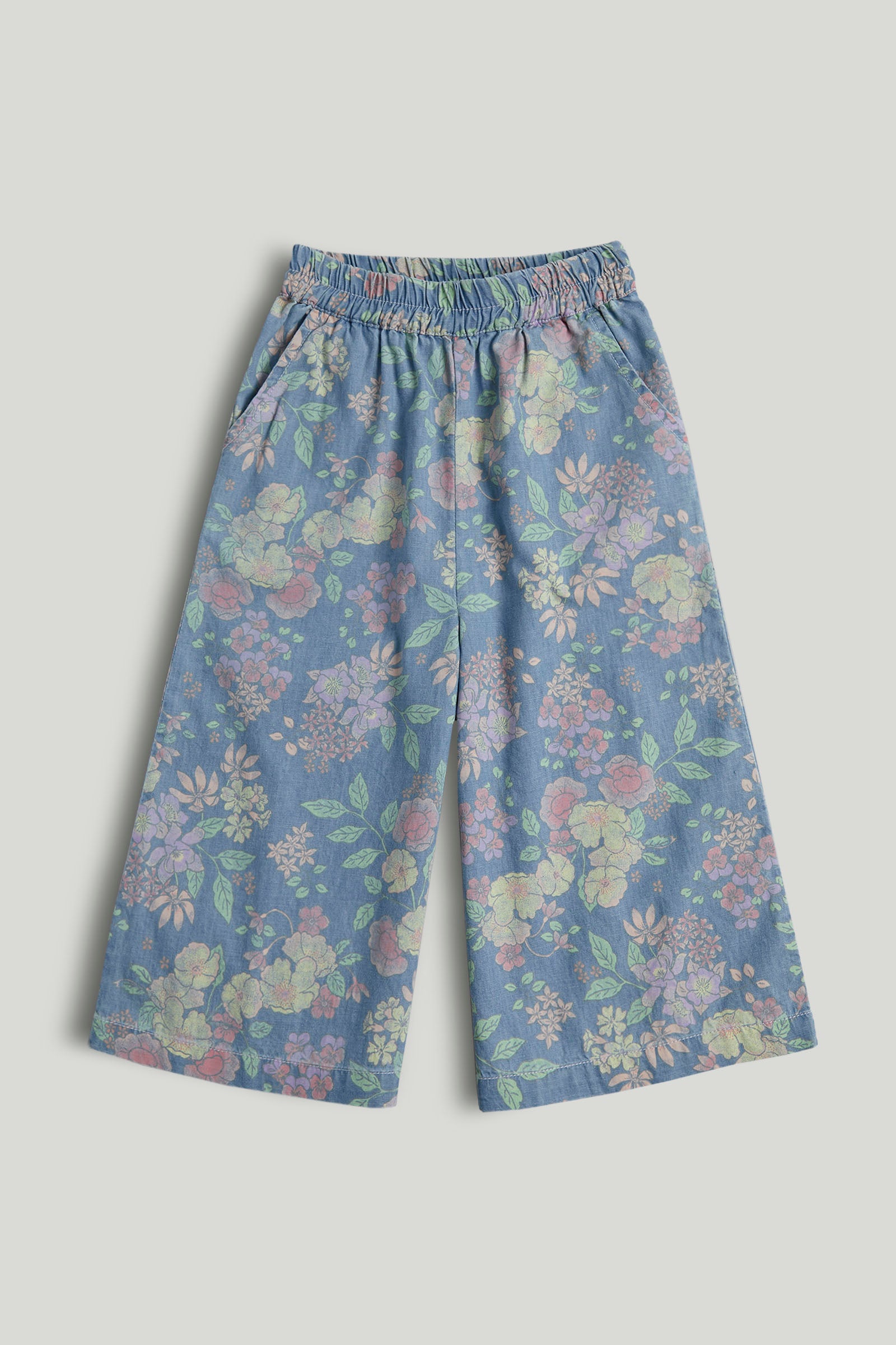 Girls Blue Cotton Floral Denim Pull-On Trousers