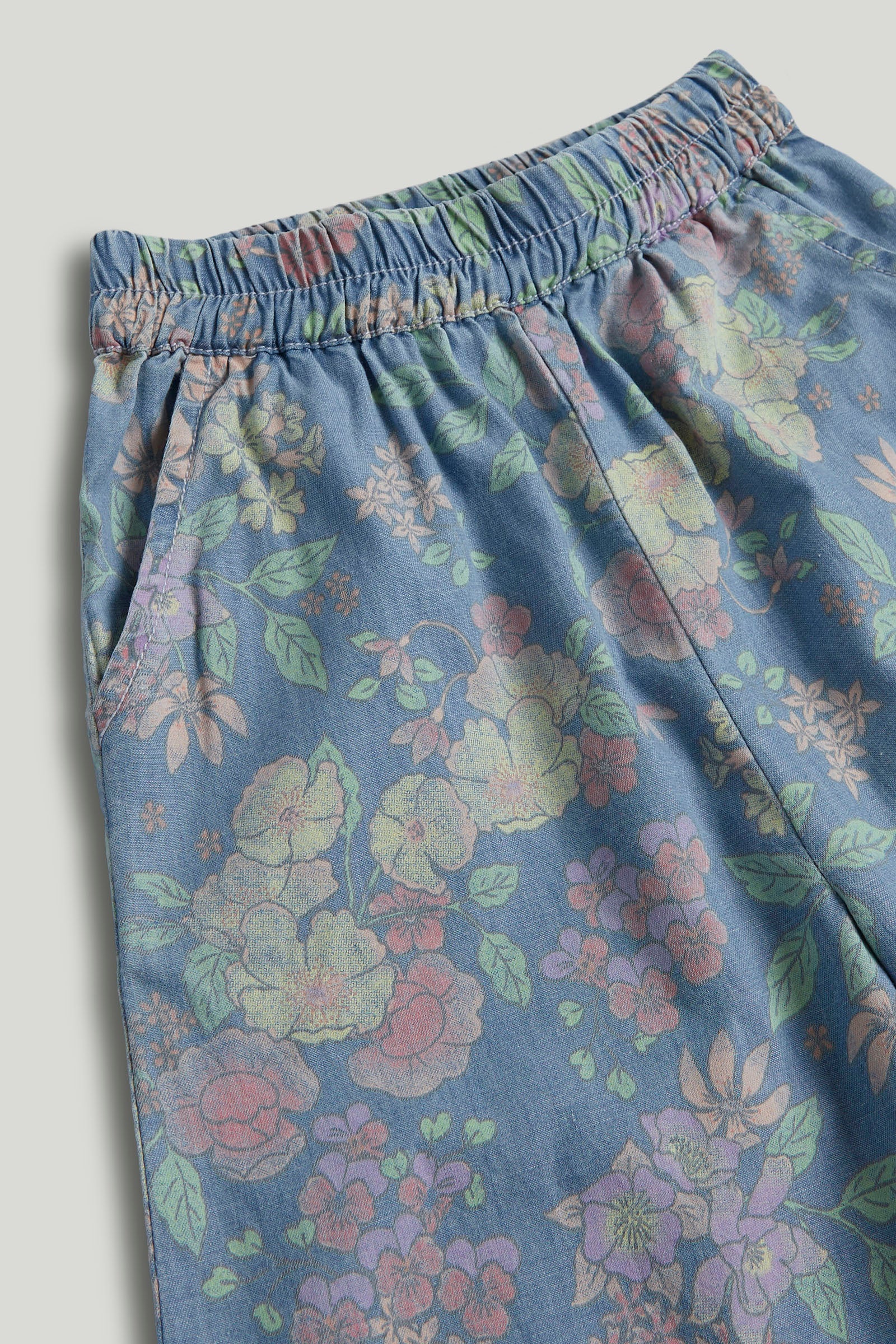 Girls Blue Cotton Floral Denim Pull-On Trousers