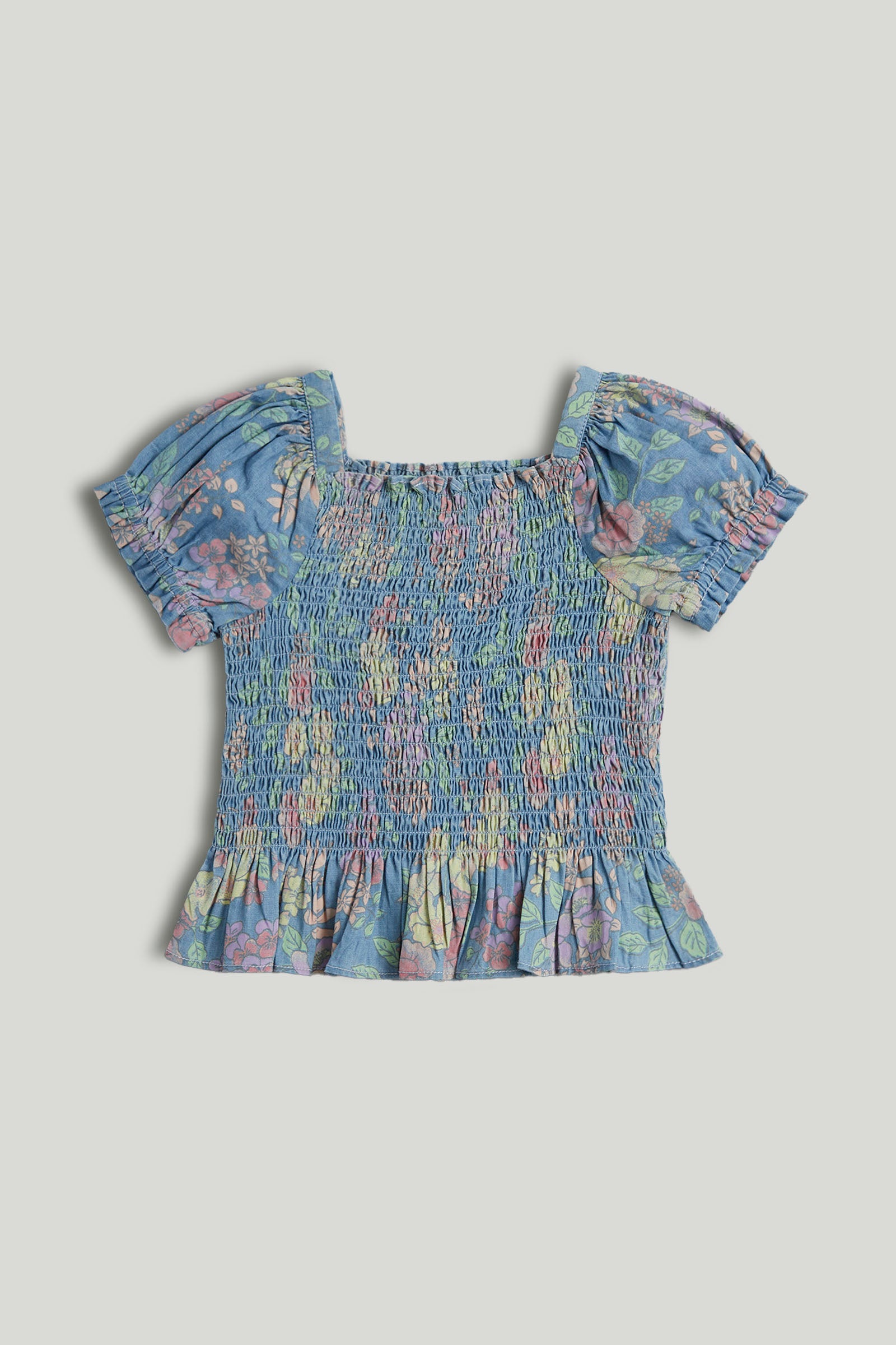 Girls Blue Cotton Shirred Puff Sleeve Top