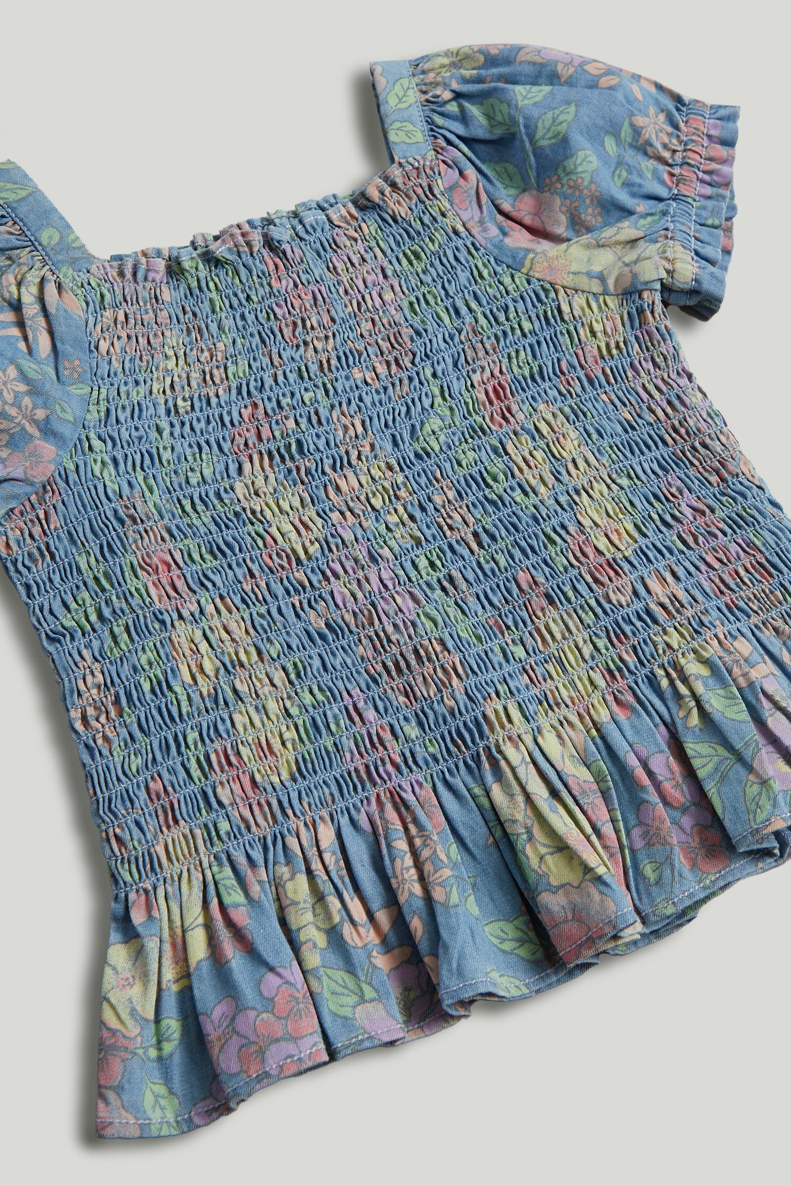 Girls Blue Cotton Shirred Puff Sleeve Top