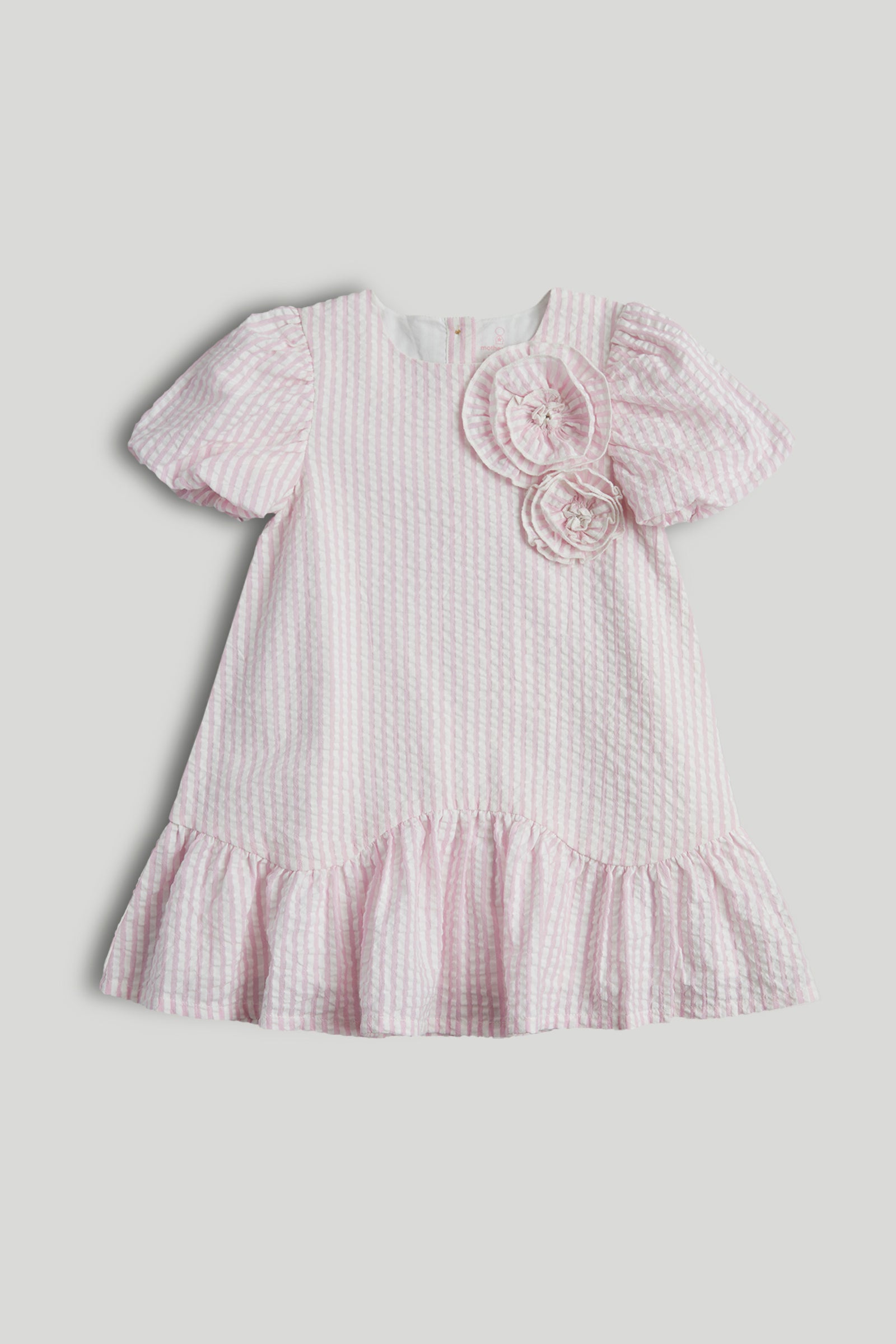 Girls Light Pink Cotton Puff Sleeve Woven Dress