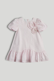 Girls Light Pink Cotton Puff Sleeve Woven Dress