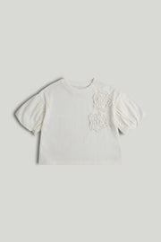 Girls Cream Cotton Puff Sleeve T-Shirt