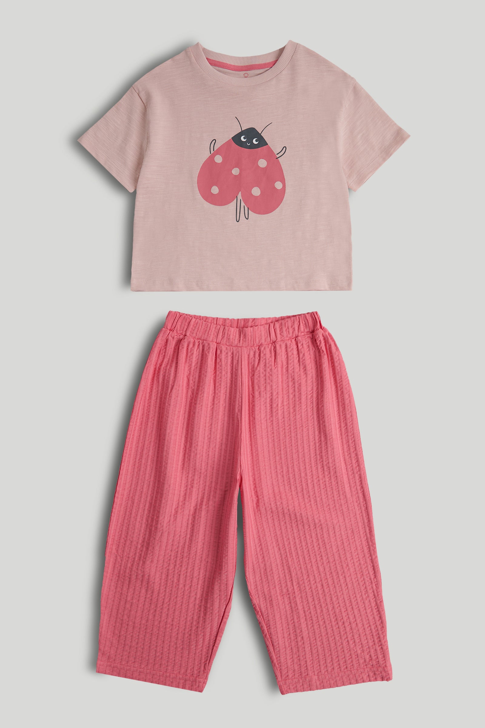 Girls Pink Printed Cotton T-Shirt and Seersucker Trouser Set