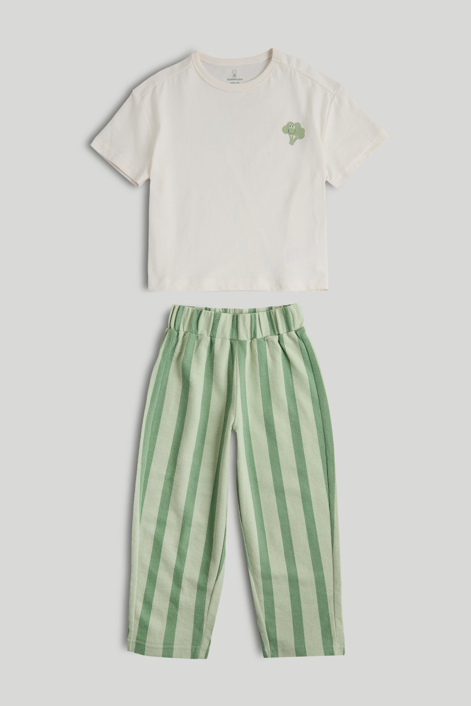 Boys Green Striped Cotton T-Shirt & Barrel Leg Pants Set