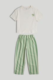 Boys Green Striped Cotton T-Shirt & Barrel Leg Pants Set