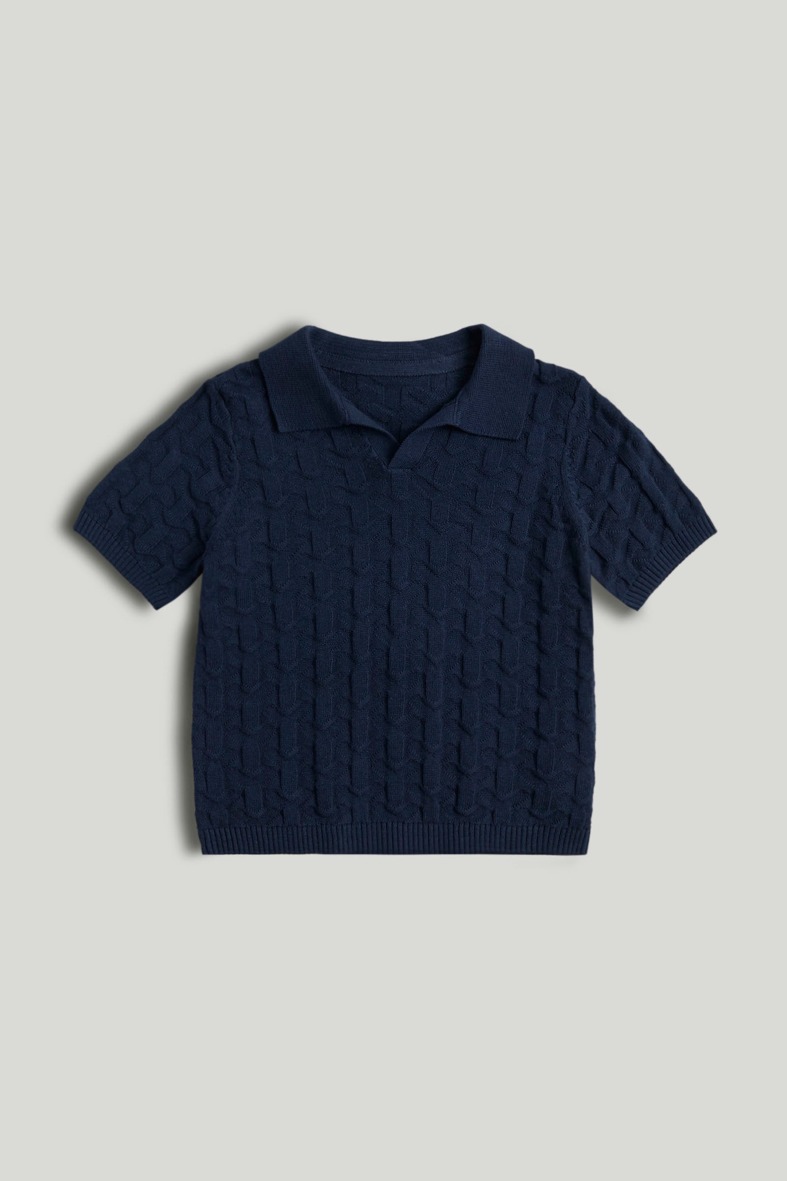 Boys Textured Cotton Knit Polo T-Shirt in Navy