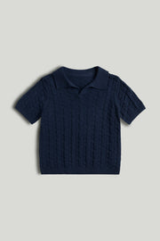 Boys Textured Cotton Knit Polo T-Shirt in Navy