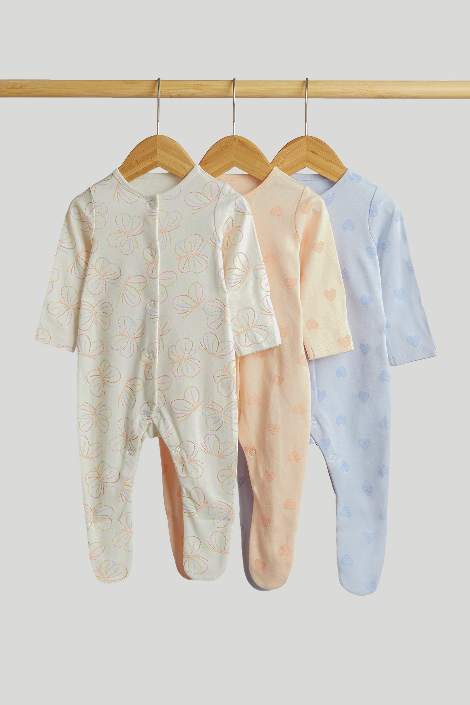 Girls Multi Butterfly Print Cotton Regular Fit 3-Pack Sleepsuits