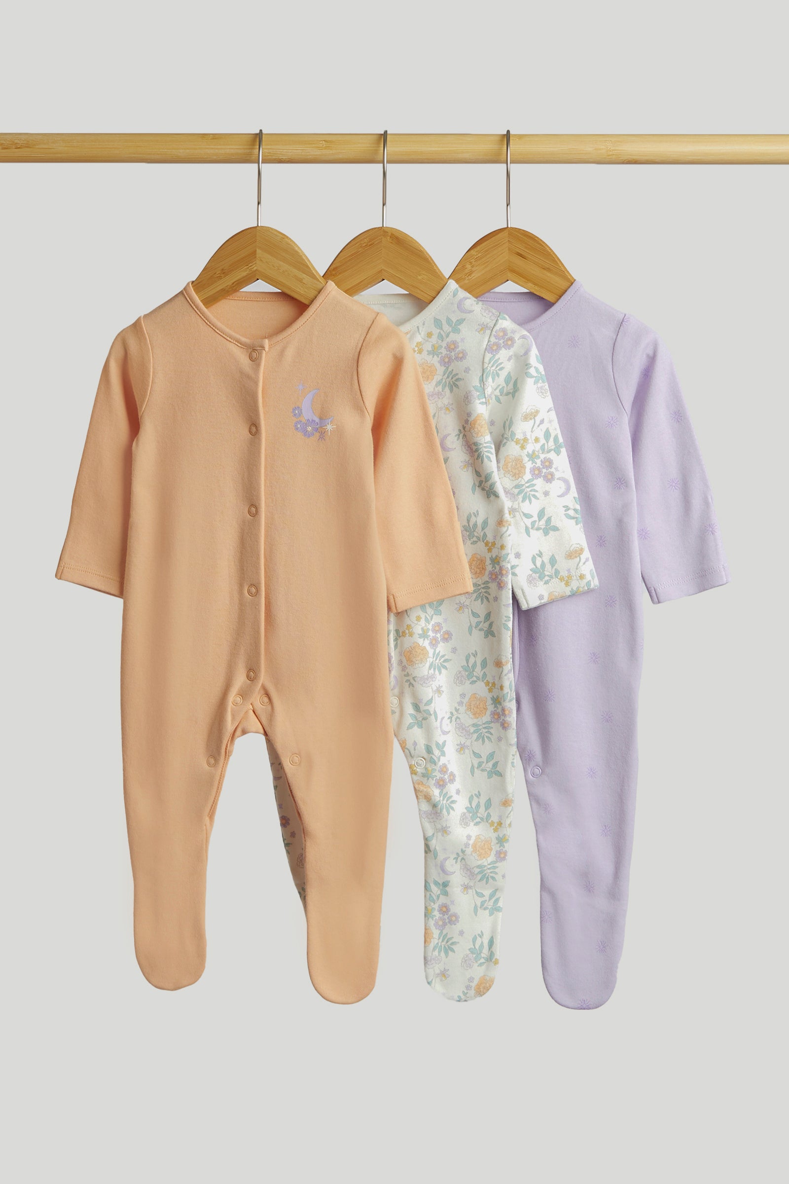 Girls Multi Celestial Print Cotton Regular Fit 3-Pack Sleepsuits