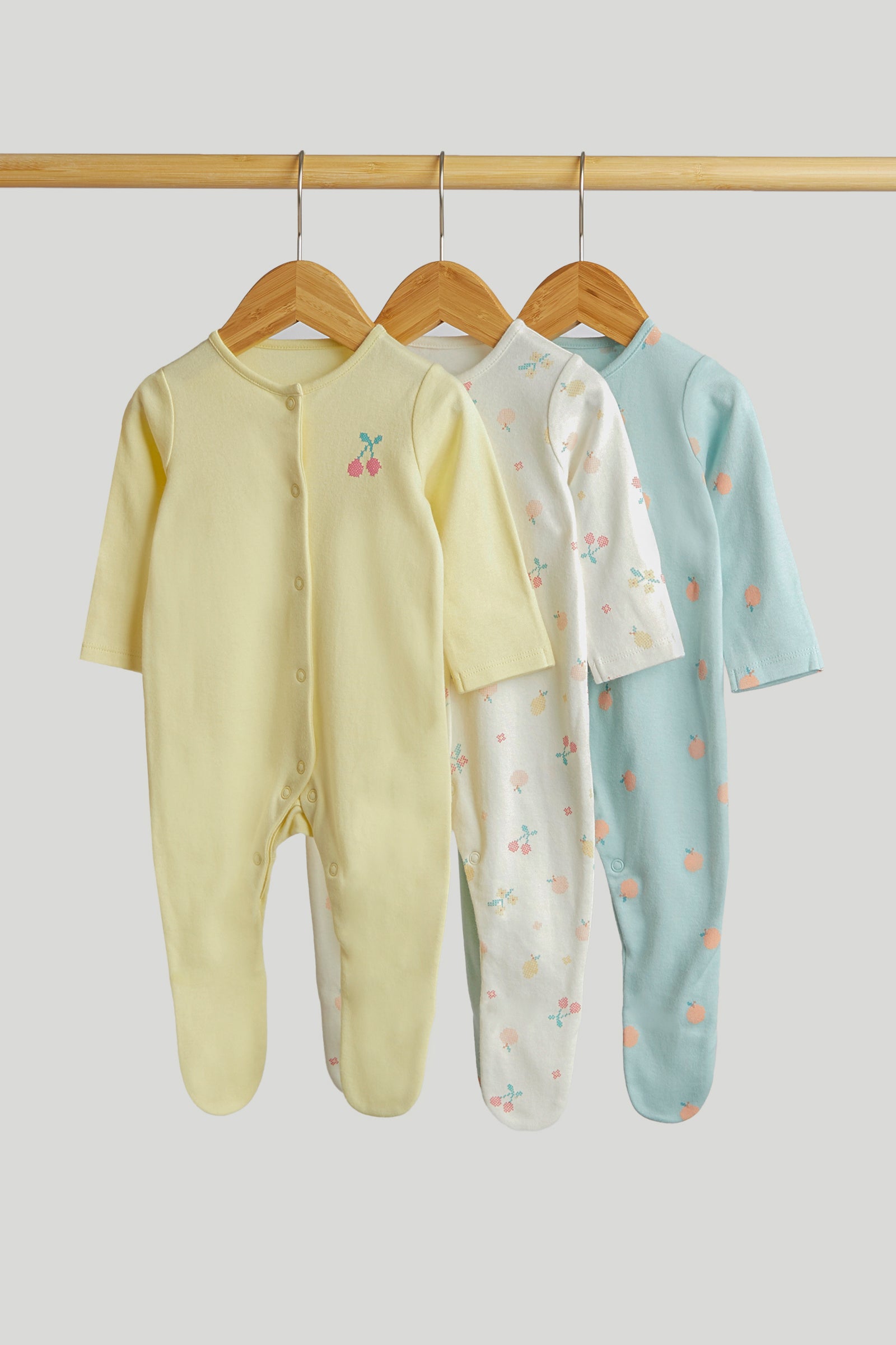 Girls Multi Fruit Print Cotton Regular Fit 3-Pack Sleepsuits