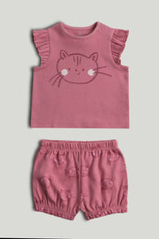 Girls Purple Animal Print Cotton Regular Fit Short Sleeve Shortie Pyjama Set