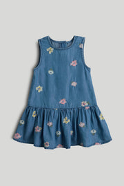 Girls Blue Lyocell Sleeveless Regular Fit Embroidered Dress
