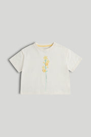 Girls White Cotton Texture Detail T-Shirt