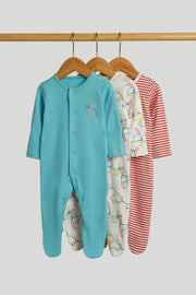 Boys Multi Dino Print Cotton Regular Fit 3-Pack Sleepsuits
