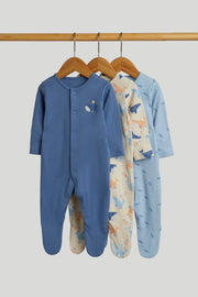 Boys Multi Whale Print Cotton Regular Fit 3-Pack Sleepsuits