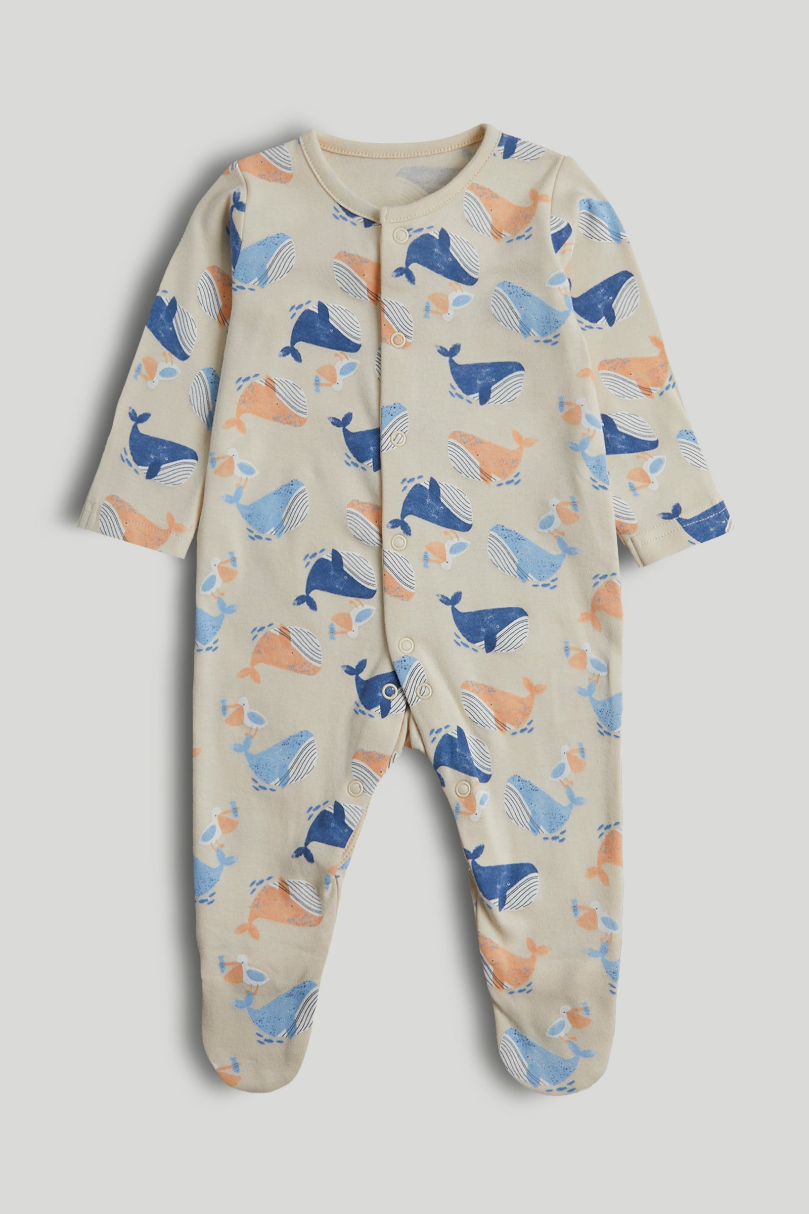 Boys Multi Whale Print Cotton Regular Fit 3-Pack Sleepsuits
