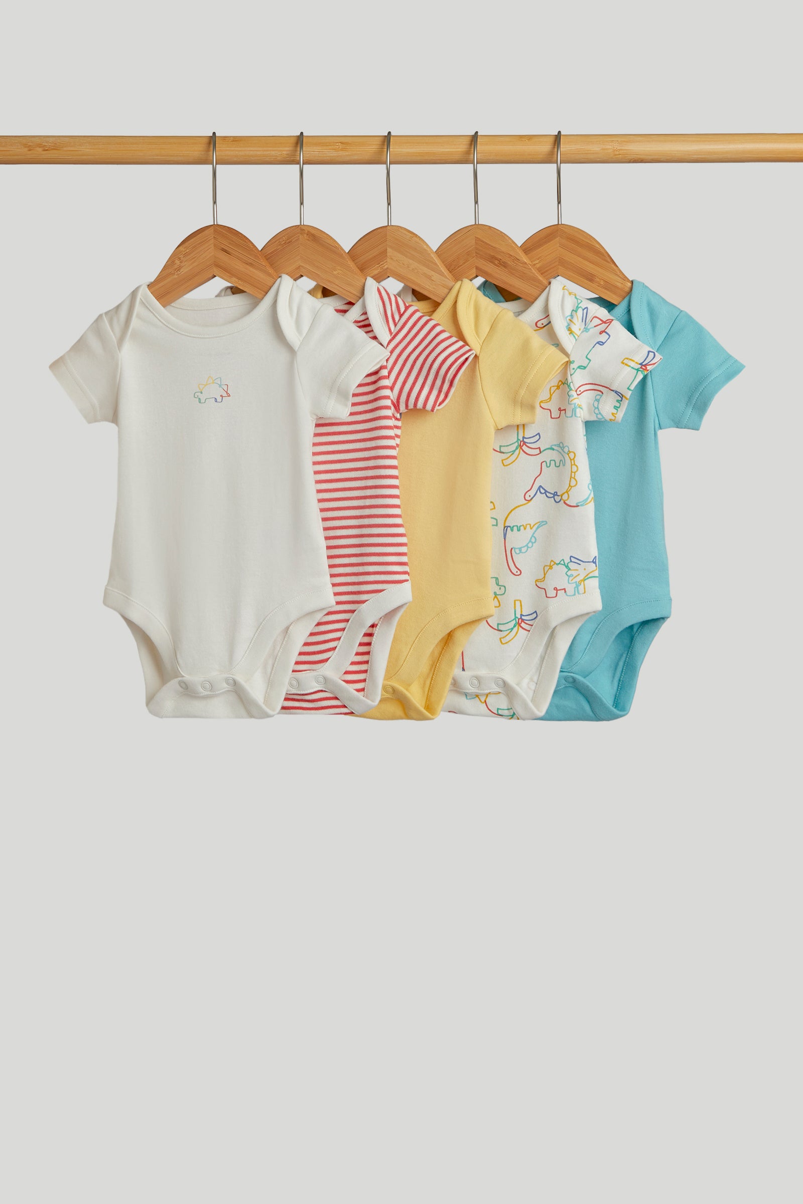 Boys Multi Dino Print Cotton Regular Fit 5-Pack Short Sleeve Bodysuits