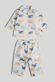 Boys White Whale Print Cotton Woven Regular Fit Long Sleeve Pyjama Set