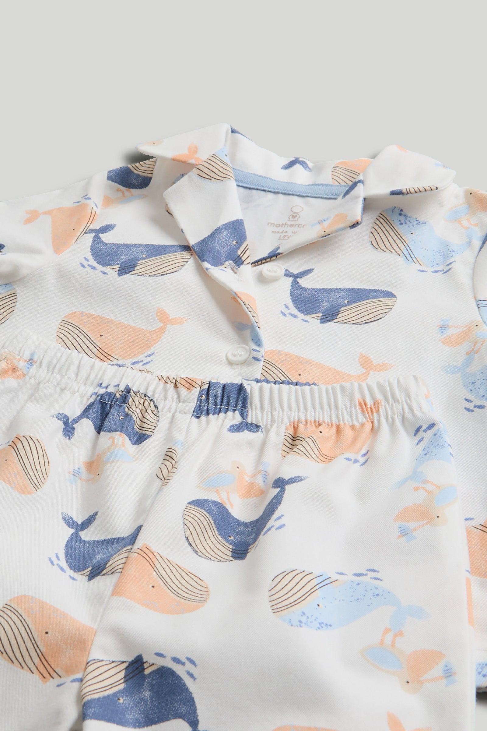 Boys White Whale Print Cotton Woven Regular Fit Long Sleeve Pyjama Set